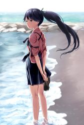 Rule 34 | 10s, 1girl, bad id, bad twitter id, beach, black hair, day, from side, highres, houshou (kancolle), inactive account, japanese clothes, kantai collection, long hair, outdoors, ponytail, shoes, unworn shoes, smile, soaking feet, solo, tasuki, wa (genryusui), wading, water