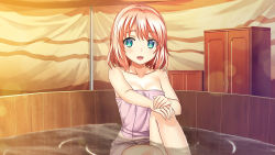 Rule 34 | 1girl, :d, artist request, artwhirl mahou gakuen no otome-tachi, bare arms, bathing, blue eyes, breasts, character request, cleavage, collarbone, game cg, hands on own knees, indoors, lens flare, looking at viewer, medium hair, naked towel, open mouth, partially submerged, pink hair, small breasts, smile, solo, towel, water