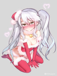 Rule 34 | 1girl, bare shoulders, bell, blush, breasts, christmas, cleavage, elbow gloves, full body, gloves, green eyes, grey background, hair between eyes, hair ornament, hat, heart, hitotose rin, long hair, looking at viewer, md5 mismatch, medium breasts, santa costume, santa hat, sennen sensou aigis, sidelocks, silver hair, simple background, sitting, skull hair ornament, solo, sybilla, twintails, twitter username, very long hair, wariza