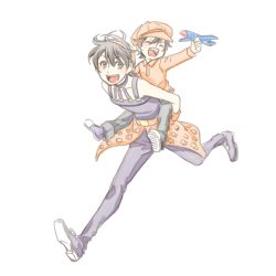 Rule 34 | 2boys, aged down, black hair, blue eyes, carrying, child, closed eyes, dual persona, fukai (yas lions), full body, hairband, hat, jojo no kimyou na bouken, male focus, multiple boys, narancia ghirga, open mouth, piggyback, polo shirt, running, shoes, smile, sneakers, toy airplane