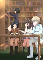 Rule 34 | 10s, 4girls, arm support, bandaid, bandaid on face, black eyes, black hair, blonde hair, blue eyes, book, bookshelf, boots, brave witches, brown eyes, brown hair, chair, desk, dest, georgette lemare, hair ribbon, hand on own cheek, hand on own face, highres, jacket, kaneko (novram58), kanno naoe, leather, leather jacket, library, long hair, looking to the side, multiple girls, nikka edvardine katajainen, open book, panties, pantyhose, pointing, pouch, reading, ribbon, scarf, shimohara sadako, short hair, sitting, strike witches, turtleneck, twintails, underwear, uniform, world witches series