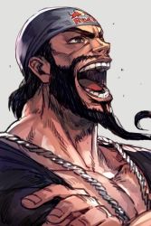 Rule 34 | 1boy, alternate costume, bandana, beard, black hair, capcom, crossed arms, facial hair, fingernails, grey background, grey eyes, hungry clicker, laughing, male focus, manly, muscular, mustache, open mouth, rashid (street fighter), red bull, simple background, solo, street fighter, street fighter v, upper body