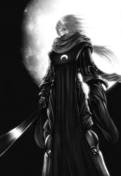 Rule 34 | armor, long hair, looking at viewer, lowres, monochrome, moon, night, s zenith lee, scarf, sword, tagme, weapon