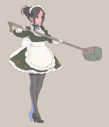 Rule 34 | 1girl, apron, black footwear, broom, brown hair, closed mouth, commentary request, concealed weapon, dress, enkyo yuuichirou, gloves, green dress, green eyes, grey background, grey thighhighs, hair bun, high heels, highres, holding, holding broom, holding sword, holding weapon, katana, long sleeves, maid, maid apron, maid headdress, original, ribbed legwear, scabbard, sheath, simple background, single hair bun, solo, sword, thighhighs, two-handed, unsheathing, waist apron, weapon, white gloves
