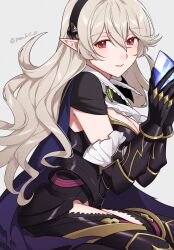 Rule 34 | 1girl, black dress, black gloves, black hairband, brooch, clothing cutout, commentary request, corrin (female) (fire emblem), corrin (female) (nohr noble) (fire emblem), corrin (fire emblem), dress, fire emblem, fire emblem fates, fire emblem heroes, gloves, grey background, grey hair, grin, hairband, highres, jewelry, long hair, looking at viewer, nintendo, official alternate costume, parted lips, peach11 01, pointy ears, red eyes, short sleeves, simple background, sitting, smile, solo, thigh cutout, thighs, very long hair
