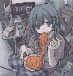 1girl absurdres blue_eyes eating empty_eyes food gudon_udon hair_ornament hairclip highres noodles original sitting solo