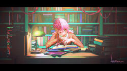 Rule 34 | 1girl, book, book stack, bookshelf, chainsaw man, cosmo (chainsaw man), dangling eye, exposed brain, hair ribbon, head tilt, heart, heart-shaped pupils, highres, katrina chiu, lamp, letterboxed, library, looking at viewer, medium hair, open book, pink hair, red eyes, red sweater, ribbon, short twintails, smile, solo, sweater, symbol-shaped pupils, twintails