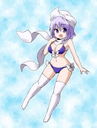 Rule 34 | 1girl, :d, bikini, blush, bow, bow bikini, breasts, commentary, hat, kousei (public planet), letty whiterock, looking at viewer, medium breasts, navel, open mouth, purple eyes, purple hair, scarf, short hair, smile, solo, swimsuit, thighhighs, touhou, white thighhighs