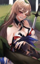 Rule 34 | 1girl, bare shoulders, black dress, black gloves, black thighhighs, blush, breasts, breath, bridal gauntlets, brown hair, clenched teeth, club (weapon), covering breasts, covering privates, detached sleeves, dress, feather trim, fur collar, furen e lustario, furen e lustario (1st costume), garter straps, gloves, goblin, grass, halter dress, halterneck, highres, large breasts, leaf, leaf on head, long hair, looking at viewer, nekotokage, nijisanji, no bra, nose blush, outdoors, red eyes, sitting, sleeveless, sleeveless dress, sweat, sword, teeth, thighhighs, torn clothes, torn dress, two-tone dress, very long hair, virtual youtuber, weapon, white dress, white sleeves, wing collar, yokozuwari