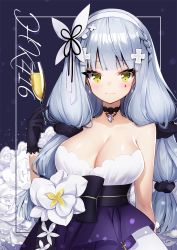 Rule 34 | 1girl, ankkoyom, artist name, bad id, bad pixiv id, bare shoulders, black choker, black gloves, blunt bangs, blush, braid, breasts, champagne flute, character name, choker, cleavage, closed mouth, collarbone, cross hair ornament, cup, drinking glass, earrings, eyelashes, facial mark, flower, french braid, gem, girls&#039; frontline, gloves, green eyes, hair ornament, hair scrunchie, hairband, highres, hk416 (girls&#039; frontline), hk416 (starry cocoon) (girls&#039; frontline), holding, holding cup, jewelry, large breasts, low twintails, official alternate costume, pendant, purple gemstone, scrunchie, silver hair, smile, solo, strapless, twintails, upper body, white flower, white hairband