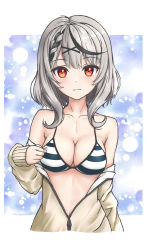 Rule 34 | 1girl, bad id, bad pixiv id, bare shoulders, bikini, black hair, braid, breasts, brown jacket, cleavage, closed mouth, collarbone, commentary request, flipper, grey hair, hair ornament, hairclip, highres, hololive, jacket, long hair, looking at viewer, medium breasts, multicolored hair, off shoulder, open clothes, open jacket, red eyes, sakamata chloe, smile, solo, streaked hair, striped bikini, striped clothes, swimsuit, two-tone hair, virtual youtuber, x hair ornament