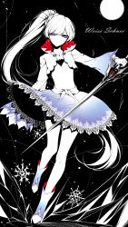 Rule 34 | 1girl, absurdres, black background, blue eyes, blue skirt, boots, character name, collarbone, floating hair, full body, full moon, hair ornament, highres, holding, holding sword, holding weapon, jewelry, limited palette, long hair, looking at viewer, miniskirt, moon, necklace, rwby, sheya, silver hair, skirt, snowflakes, solo, standing, sword, very long hair, weapon, weiss schnee