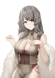 Rule 34 | 1girl, absurdres, arm up, azur lane, breasts, brown eyes, charybdis (azur lane), charybdis (red chamber of healing) (azur lane), cleavage, closed mouth, covered navel, dress, feather boa, feet out of frame, grey dress, grey hair, hand on own chest, highres, large breasts, light blush, lips, long hair, looking at viewer, nail polish, nya cot, official alternate costume, red nails, sitting, solo, white background