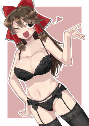 Rule 34 | 1girl, :d, black bra, black eyes, black garter belt, black panties, black thighhighs, blush, bow, bra, breasts, brown hair, cello, cleavage, commentary request, cookie (touhou), cowboy shot, dutch angle, empty eyes, frilled bow, frilled hair tubes, frills, garter belt, hair between eyes, hair bow, hair tubes, hakurei reimu, heart, heart in mouth, highres, instrument, lace, lace bra, lace panties, large breasts, long hair, looking at viewer, man (man-room), navel, noel (cookie), one eye closed, open mouth, panties, pink background, red bow, smile, solo, thighhighs, touhou, two-tone background, underwear, underwear only, white background