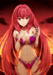 Rule 34 | 1girl, bracelet, breasts, cleavage, fate/grand order, fate (series), gluteal fold, hair between eyes, jewelry, large breasts, light smile, long hair, looking at viewer, midriff, navel, purple hair, red eyes, saitou (taka saitwu), scathach (fate), scathach (fate), scathach (swimsuit assassin) (fate), solo, sunset, thigh gap, undressing, very long hair