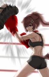 Rule 34 | 1girl, absurdres, action lines, alternate costume, animal ears, armpits, blurry, blurry background, boxing gloves, boxing ring, breasts, brown eyes, brown hair, failose, highres, hololive, inugami korone, light blush, medium breasts, ponytail, serious, shorts, sweat, tail, training, virtual youtuber, white background