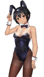 Rule 34 | 1girl, animal ears, bare shoulders, black leotard, bow, bowtie, breasts, commentary request, detached collar, fake animal ears, hashi, leotard, looking at viewer, medium breasts, original, pantyhose, playboy bunny, rabbit ears, solo, strapless, strapless leotard, tan, tanline, tomboy, wrist cuffs