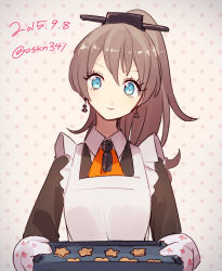 Rule 34 | 10s, 1girl, 2015, apron, aqua eyes, brown hair, cookie, dated, earrings, food, gloves, hair ornament, jewelry, kantai collection, kumano (kancolle), long hair, long sleeves, looking at viewer, polka dot, polka dot background, ponytail, sayori (oskn), school uniform, smile, solo, tray, twitter username, upper body