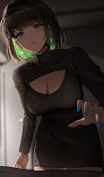 Rule 34 | 1girl, absurdres, black hair, blue nails, blush, breasts, brown eyes, cleavage, closed mouth, colored inner hair, commentary, earrings, english commentary, green eyes, green hair, highres, jewelry, large breasts, looking at viewer, miru (ormille), mole, mole on breast, mole under eye, multicolored hair, original, ormille, short hair, smile, solo, sweater, two-tone hair
