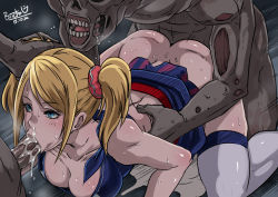 Rule 34 | 1girl, 2boys, all fours, ass, blonde hair, blue eyes, breasts, butcha-u, cheerleader, cleavage, clothes lift, colored skin, cum, cum in mouth, cum in nose, cum on floor, doggystyle, fellatio, grabbing another&#039;s hair, grey skin, group sex, juliet starling, large breasts, lollipop chainsaw, monster, multiple boys, oral, sex, sex from behind, skirt, skirt lift, spitroast, sweat, thighhighs, twintails, zombie