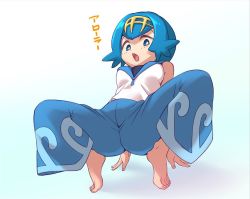 Rule 34 | 1girl, arm support, ass, barefoot, blue eyes, blue hair, blue sailor collar, breasts, creatures (company), ero kaeru, feet, game freak, hairband, lana (pokemon), looking at viewer, nintendo, open mouth, pokemon, pokemon sm, sailor collar, shirt, short hair, sleeveless, solo, spread legs, toes, trial captain