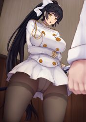 Rule 34 | 1girl, azur lane, black hair, bow, breasts, brown eyes, commentary request, gloves, hair bow, highres, large breasts, long hair, looking at viewer, military, military uniform, miniskirt, pantyhose, ponytail, takao (azur lane), uniform, very long hair, white gloves, yuzumiya mono
