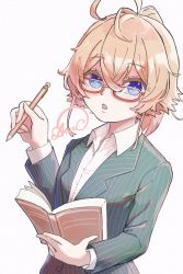 Rule 34 | 1girl, a nn no, ahoge, blonde hair, book, collared shirt, formal, glasses, green suit, highres, holding, holding book, holding pen, open book, open mouth, pen, shirt, signature, simple background, solo, striped suit, suit, tanya degurechaff, upper body, white background, white shirt, youjo senki