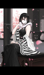 Rule 34 | animal, artist name, bare shoulders, black hair, black jacket, black skirt, blue eyes, blurry, blurry background, breasts, brown eyes, cherry blossoms, commentary, covered mouth, depth of field, dishwasher1910, earrings, flower, genderswap, genderswap (mtf), hand up, heterochromia, highres, iguro obanai, jacket, jewelry, kimetsu no yaiba, letterboxed, long skirt, long sleeves, looking at viewer, medium breasts, mole, off shoulder, open clothes, petals, pink flower, pleated skirt, skirt, sleeveless, sleeveless jacket, snake, solo, striped, stud earrings, white snake, wide sleeves