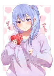 Rule 34 | 1girl, blue hair, blush, candy, chocolate, chocolate heart, closed mouth, food, hair ornament, heart, highres, hood, hoodie, idolmaster, idolmaster shiny colors, long sleeves, miyar2d2, pink hoodie, side ponytail, solo
