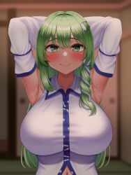 Rule 34 | 1girl, absurdres, armpits, blurry, blurry background, blurry foreground, blush, breasts, depth of field, detached sleeves, frog hair ornament, green eyes, green hair, hair ornament, highres, kochiya sanae, large breasts, long hair, looking at viewer, mimasi osuwari, nontraditional miko, snake hair ornament, sweat, touhou
