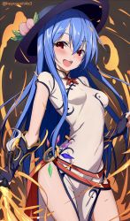 Rule 34 | 1girl, black gloves, black hat, blue hair, breasts, china dress, chinese clothes, dress, fingerless gloves, food, fruit, gloves, hat, highres, hinanawi tenshi, leaf, official alternate costume, peach, pelvic curtain, red eyes, side slit, small breasts, solo, sword of hisou, touhou, yoshinatsu