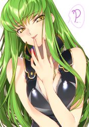 Rule 34 | 1girl, bare shoulders, black dress, breasts, c.c., cleavage, code geass, collarbone, creayus, dress, fringe trim, green hair, long hair, looking at viewer, sidelocks, simple background, tongue, tongue out, uniform, upper body, white background, yellow eyes