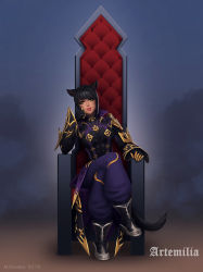 Rule 34 | 1girl, animal ears, warrior of light (ff14), black gloves, black hair, breasts, cat ears, cat tail, chair, commission, facial mark, final fantasy, final fantasy xiv, gloves, high collar, highres, crossed legs, lips, looking at viewer, max domikov, medium breasts, miqo&#039;te, short hair, sitting, solo, tail, whisker markings, yellow eyes