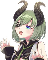Rule 34 | 1girl, nanashi inc., black sleeves, blue eyes, blush, breasts, brown horns, commentary request, demon girl, demon horns, detached sleeves, eyepatch, green hair, green necktie, grey vest, honey strap, horns, large breasts, looking afar, necktie, open mouth, reona kfc02, sekishiro mico, short hair, simple background, smile, solo, transparent background, upper body, vest, virtual youtuber