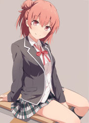 Rule 34 | 1girl, asou (asabu202), blouse, bow, bowtie, breasts, closed mouth, collared shirt, desk, grey background, hair bun, highres, jacket, large breasts, long sleeves, looking at viewer, on desk, red bow, red bowtie, red eyes, red hair, school desk, school uniform, shirt, short hair, simple background, single hair bun, sitting, skirt, smile, socks, solo, white shirt, yahari ore no seishun lovecome wa machigatteiru., yuigahama yui