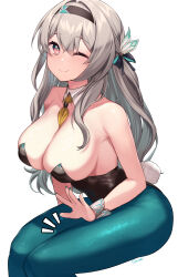 Rule 34 | 1girl, absurdres, alternate costume, aqua pantyhose, armpit crease, artist name, black hairband, breasts, collarbone, cowboy shot, detached collar, firefly (honkai: star rail), gendo0032, green nails, grey hair, hairband, highres, honkai: star rail, honkai (series), invisible chair, large breasts, leotard, long hair, looking at viewer, necktie, nontraditional playboy bunny, one eye closed, pantyhose, rabbit tail, red eyes, simple background, sitting, smile, solo, strapless, strapless leotard, tail, white background, wrist cuffs, yellow necktie