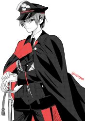 Rule 34 | 1boy, alternate costume, black cape, black hat, black jacket, black pants, cape, closed mouth, commentary request, cowboy shot, hair between eyes, hat, highres, holding, holding sword, holding weapon, jacket, little busters!, long sleeves, military hat, military uniform, monochrome, natsume kyousuke, pants, sai (aysityan), serious, short hair, simple background, solo, sword, tsurime, twitter username, uniform, weapon, white background