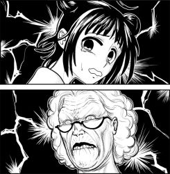 Rule 34 | 10s, angry, choufu shimin, comic, cookie clicker, grandma (cookie clicker), greyscale, kantai collection, monochrome, naka (kancolle), scared, tears, wavy mouth