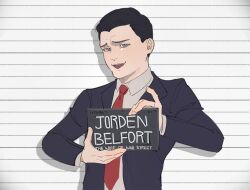 Rule 34 | 1boy, absurdres, black hair, black jacket, blue eyes, collared shirt, dio lost, formal, hair slicked back, highres, jacket, jordan belfort, long sleeves, looking at viewer, male focus, necktie, open mouth, red necktie, shirt, smile, solo, suit, the wolf of wall street, upper body, white shirt