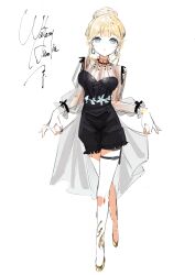 Rule 34 | 1girl, :o, absurdres, artist request, black dress, blonde hair, blue earrings, blue eyes, dress, earrings, english text, highres, hololive, hololive english, jewelry, looking at viewer, short hair, virtual youtuber, watson amelia, watson amelia (party dress), white background