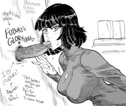 Rule 34 | 1boy, 1girl, bad id, bb (baalbuddy), bob cut, breasts, covered erect nipples, cum, cum in mouth, cum on clothes, earrings, english text, fellatio, from side, fubuki (one-punch man), glory hole, greyscale, heart, hetero, highres, hoop earrings, inactive account, jewelry, large breasts, long sleeves, looking at viewer, monochrome, one-punch man, oral, penis, profanity, short hair, solo focus, uncensored, writing on wall