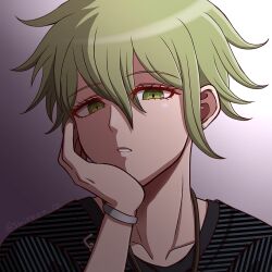 Rule 34 | 1boy, amami rantaro, artist name, bracelet, danganronpa (series), danganronpa v3: killing harmony, earrings, gradient background, green eyes, green hair, grey background, hair between eyes, hand on own cheek, hand on own face, hand up, highres, jewelry, male focus, messy hair, necklace, shiny skin, shirt, short hair, solo, striped clothes, striped shirt, suiren yurei, teeth