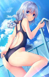 Rule 34 | 1girl, adjusting clothes, adjusting swimsuit, ahoge, black one-piece swimsuit, blue eyes, blue sky, braid, chain-link fence, cloud, competition swimsuit, day, dutch angle, fence, folded ponytail, from behind, from below, highres, kizuna akari, one-piece swimsuit, outdoors, pool ladder, silver hair, single braid, sky, solo, swimsuit, umitonakai, voiceroid