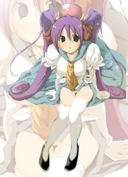 Rule 34 | 1girl, :o, aki eda, blue sailor collar, blue skirt, blush, breasts, cave (developer), clothes lift, elbow gloves, embarrassed, gloves, green eyes, hair between eyes, hair ribbon, headdress, large breasts, leaning forward, long hair, long skirt, mushihime-sama, necktie, no panties, no pussy, open mouth, purple hair, reco, ribbon, sailor collar, school uniform, serafuku, shirt, shoes, sitting, skirt, skirt lift, solo, striped, striped background, thighhighs, twintails, very long hair, white gloves, white thighhighs, zettai ryouiki, zoom layer
