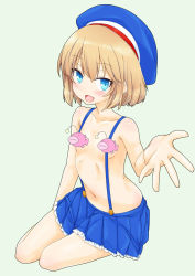 Rule 34 | 10s, 1girl, anglerfish, bad id, bad pixiv id, blonde hair, blue eyes, blue hat, blue skirt, breasts, casual, censored, commentary request, fang, fish, foreshortening, frilled skirt, frills, full body, girls und panzer, green background, hat, highres, itou ayachi, katyusha (girls und panzer), looking at viewer, miniskirt, navel, no shirt, open mouth, pleated skirt, reaching, reaching towards viewer, sailor, short hair, simple background, sitting, skirt, small breasts, smile, solo, suspender skirt, suspenders, yokozuwari