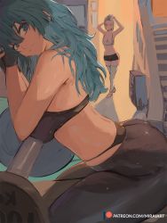 Rule 34 | 2girls, arms up, barbell, blonde hair, blue eyes, blue hair, blush, breasts, byleth (female) (fire emblem), byleth (fire emblem), cleavage, closed mouth, commentary, edelgard von hresvelg, english commentary, fingerless gloves, fire emblem, fire emblem: three houses, from side, gloves, green hair, large breasts, long hair, looking at viewer, looking to the side, medium hair, mirai hikari, multiple girls, nintendo, pants, smile, solo focus, sports bra, thighhighs, thighs, tying hair, weights, white hair, yoga pants