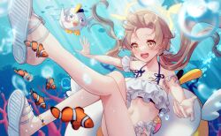 Rule 34 | 1girl, anklet, bikini, blue archive, blush, brown hair, clownfish, coral, fish, floating hair, frilled bikini, frills, hifumi (blue archive), hifumi (swimsuit) (blue archive), highres, innertube, jewelry, lazy cat, long hair, low twintails, navel, open mouth, outstretched arms, sandals, smile, solo, swim ring, swimsuit, twintails, underwater, very long hair, yellow eyes