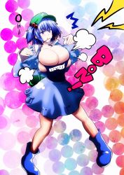 Rule 34 | 1girl, :o, ^^^, absurdres, blue eyes, blue footwear, blue hair, blue jacket, blue skirt, blush, boots, breast expansion, breasts, bursting breasts, cleavage, collar, collarbone, green hat, hat, heterochromia, highres, huge breasts, jacket, jewelry, kawashiro nitori, key, legs apart, long sleeves, matching hair/eyes, motion lines, name tag, necklace, open clothes, open jacket, parted lips, pendant, rubber boots, short hair, short twintails, skirt, solo, standing, surprised, sweatdrop, tk31, touhou, twintails, two side up