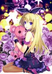 Rule 34 | 1girl, :p, absurdres, back, backless dress, backless outfit, black footwear, blonde hair, blue eyes, brown pantyhose, dress, flower, full body, hair ribbon, high heels, highres, holding, holding stuffed toy, leaf, long hair, looking at viewer, original, pantyhose, purple ribbon, ribbon, sharp teeth, sitting, sleeveless, sleeveless dress, solo, stuffed animal, stuffed toy, suzuhira hiro, teddy bear, teeth, tongue, tongue out, translation request, wariza, wrist cuffs