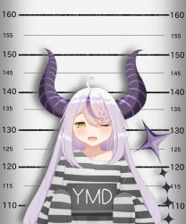 Rule 34 | 1girl, demon girl, demon horns, demon tail, highres, hololive, horns, la+ darknesss, prison clothes, shirt, shorts, striped clothes, striped shirt, striped shorts, tail, virtual youtuber